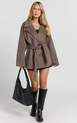 Alessandra Coat - Single Breasted Belted Short Wool Like Coat in Dark Chocolate