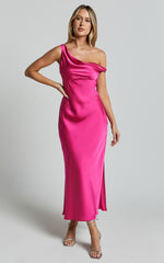 Alexia Midi Dress - One Shoulder Bust Slip Dress in Fuschia