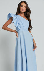 Dixie Midi Dress - Linen Look One Shoulder Ruffle Dress in Blue