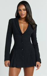 Bea Mini Dress - Collared Long Sleeve Fit And Flare Pleated Dress in Black