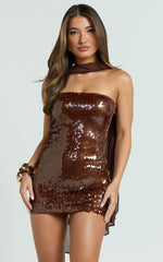 Jemma Mini Dress - Sequin Strapless Bodycon Dress in Chocolate