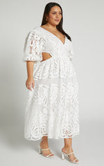 Anieshaya Midi Dress - V Neck Cut Out Lace Dress in White