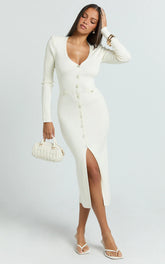 Susie Midi Dress - Pearl Button Down Long Sleeve Knit Dress in Ivory
