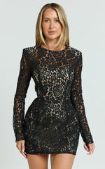 Ness Mini Dress - Long Sleeve Lace Fit And Flare Dress in Black