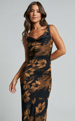 Dara Midi Dress - Low Neck Sleeveless Slip Dress in Amber Floral Print