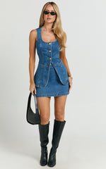 Raquel Top - Denim Scoop Neck Button Down Vest in Dark Blue Wash