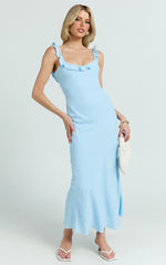Jenkins Midi Linen Dress - Scoop Frill Neck A Line Dress in Light Blue