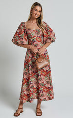 Amalie The Label - Catalina Linen Blend Sweetheart Balloon Sleeve Midi Dress in Musee Print
