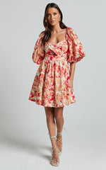 Amalie The Label - Penelopia Linen Look Blend Puff Sleeve Twist Bodice Mini Dress in Sienna Print