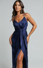 Katie Midi Dress - V Neck Tie Front Detail Dress in Mid Night Blue