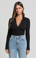 Amira Top - V Neck Long Sleeve Collared Bodysuit in Black