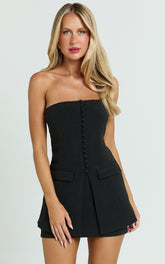 Monroe Two Piece Set - Strapless Button Down Longline Vest Top and High Waisted Mini Skirt in Black