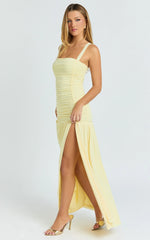 Cardi Maxi Dress - Ruched Mesh High Leg Split Dress in Lemon