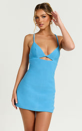Teagan Mini Dress - Cut Out Low Back Bodycon Dress in Blue