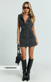 Jasse Mini Dress - Hardware Button Through Denim Dress in Washed Black