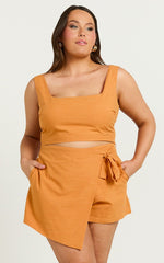 Polina Two Piece Set - Linen Square Neck Crop Top and Tie Waist Skort Set in Orange