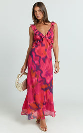 Alessa Maxi Dress - V Neck Frill Detail Empire Waist Back Cut Out Dress in Adeana Print