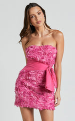 Ayesha Mini Dress - Strapless with Ribbon Detail Dress in Pink