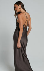Aurora Midi Dress - Halter Tie Neck Satin Bias Cut Dress in Espresso