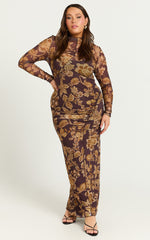 Vivian Midi Dress - High Neck Long Sleeve Mesh Dress in Amber Bloom Print