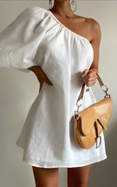 Estella Mini Dress - One Shoulder Puff Sleeve Shift Dress in White