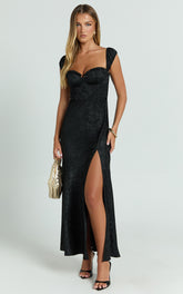 Vance Midi Dress - Ruched Cap Sleeve Bustier Bias Cut Dress in Black