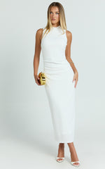 Pamela Midi Dress - High Neck Leg Split Dress in White