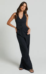 Linette Jumpsuit - Halter Neck Button Through Vest Tailored Wide Leg Jumpsuit in Black