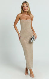 Terri Maxi Dress - Diamante Square Neck Bodycon Dress in Nude
