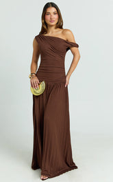Yvonne Maxi Dress - Pleat Skirt Tip Shoulder Ruched Dress in Chocolate