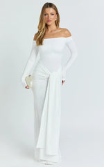 Judith Maxi Dress - Boat Neck Backless Tie Front Long Sleeve Jersey Dress in Cream