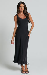 Julie Midi Dress - Scoop Neck Low Back Satin Slip Dress in Black