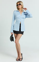 Natalie Top - Button Up Flared Sleeve Shirt in Light Blue