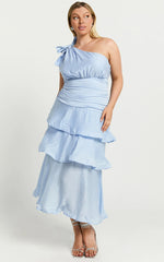 Eugenia Midi Dress - One Shoulder Fit and Flare Layered Dress in Pale Blue