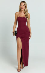 Oriella Maxi Dress - Panelled Thigh Split Strapless Dress in Wine
