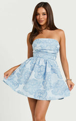 Laure Mini Dress - Strapless Jacquard Dress in Blue