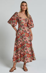 Amalie The Label - Catalina Linen Blend Sweetheart Balloon Sleeve Midi Dress in Musee Print