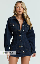 Tianna Jacket - Long Sleeve Contoured Recycled Denim Jacket in Indigo Wash