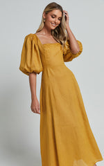 Amalie The Label - Zoya Linen Short Puff Sleeve Backless Maxi Dress in Gold
