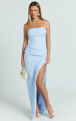 Berri Maxi Dress - Strapless Jacquard High Split Dress in Blue