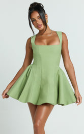 Kailee Mini Dress - Wide Strap Square Neck Fit And Flare Tulip Dress in Sage