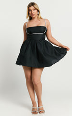 Cora Mini Dress - Diamante Detail Textured Mini Dress in Black