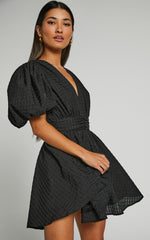 Xandy Mini Dress - Textured Puff Sleeve Plunge Dress in Black