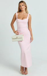 Benita Midi Dress - Scoop Neck Ruched Fitted Dress in Pink