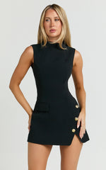 Langley Mini Dress - Sleeveless High Neck Faux Wrap Tulip Dress in Black