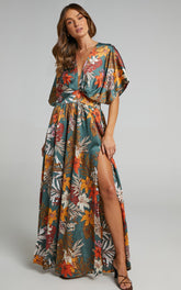Vacay Ready Maxi Dress - Plunge Thigh Split Dress in Teal Floral Satin