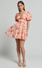 Natalia Mini Dress - Puff Sleeve Cut Out Dress in Orange Floral