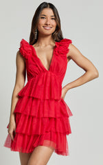 Hayden Mini Dress - Low Back Tulle Tiered Dress in Red
