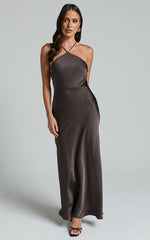 Aurora Midi Dress - Halter Tie Neck Satin Bias Cut Dress in Espresso