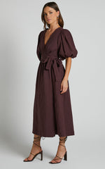 Amalie The Label - Franc Linen Puff Sleeve Wrap Midi Linen Dress in Dark Plum